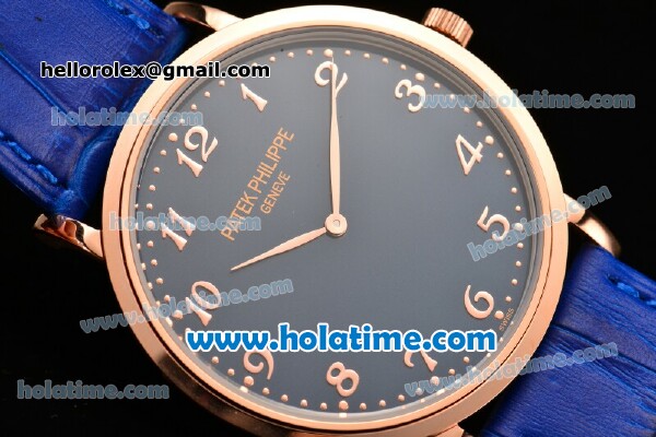 Patek Philippe Calatrava Miyota OS2035 Quartz Rose Gold Case with Blue Dial and Arabic Numeral Markers - Click Image to Close